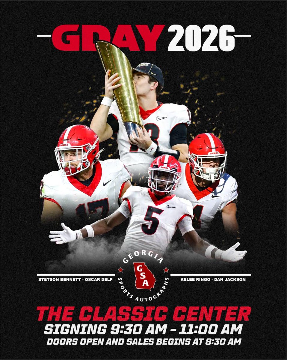 RustyMansell_'s tweet photo. Dawg Nation — this is a must for G-Day weekend.
Stetson Bennett, Kelee Ringo, Dan Jackson &amp; Oscar Delp are all signing at the Classic Center in Athens on April 18.
Doors 8:30 AM. Signing 9:30–11 AM.
Get there early. 🔴⚫🏆
Tickets → https://t.co/5jWDH0SbbF
#GoDawgs #GDay2026 https://t.co/ELaIA9v8Cm