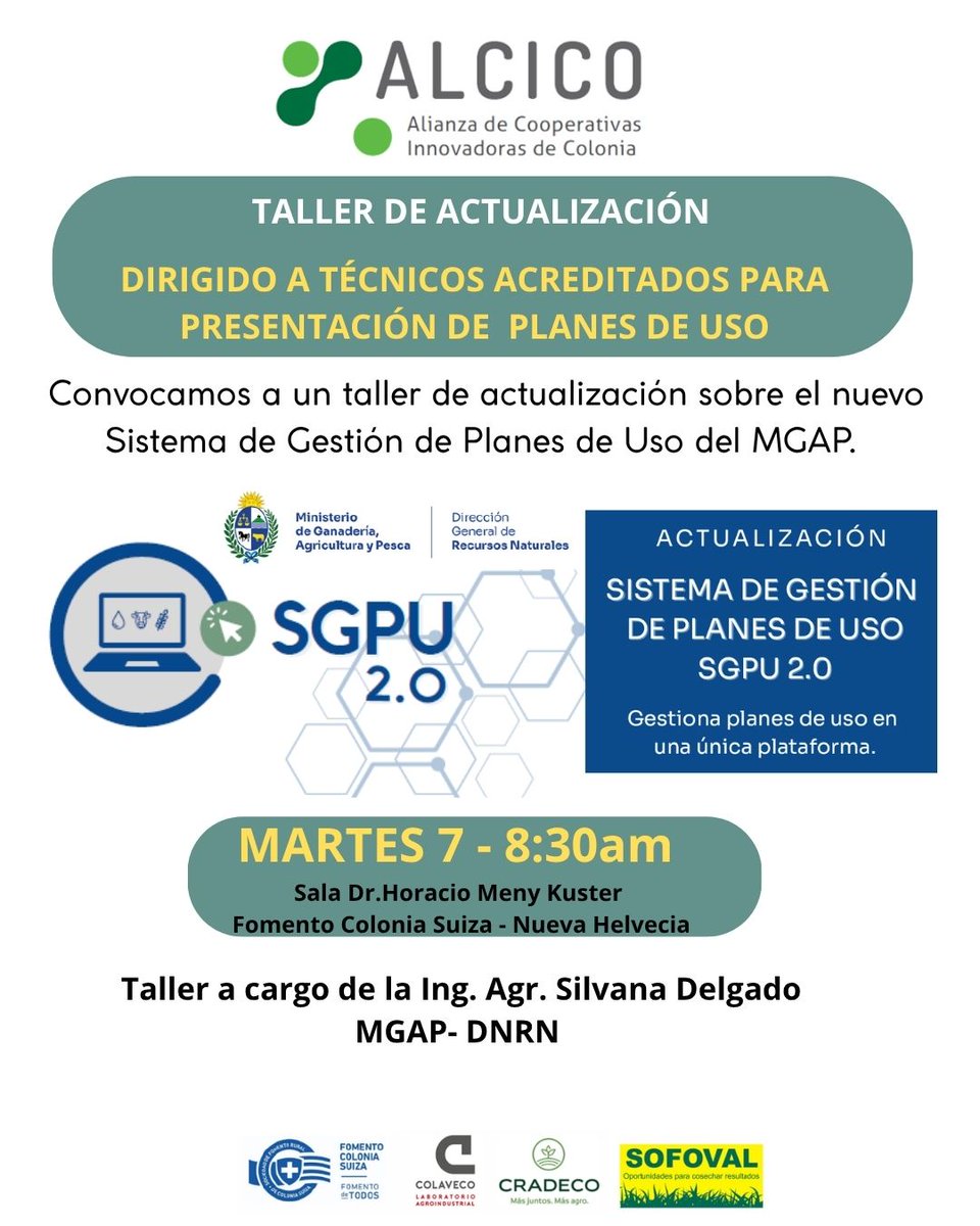 AlcicoA's tweet photo. Taller de actualización sobre el Sistema de gestión de planes de uso para técnicos acreditados.
Mañana 8:30 horas - Nueva Helvecia.
Disertante: Ing. Agr. Silvana Delgado DGRN - MGAP 
Los esperamos! https://t.co/usAqBMiBwU