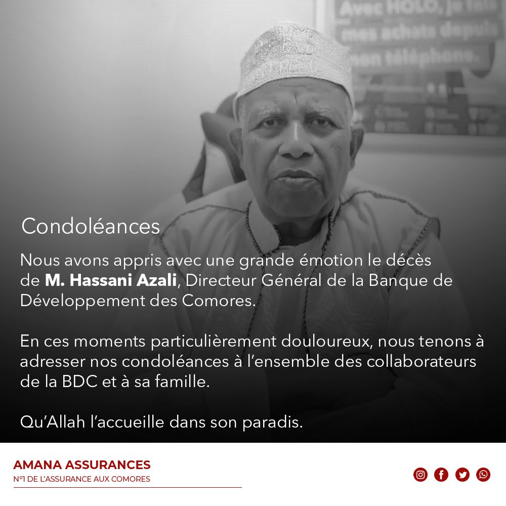 amanassurances's tweet photo. Amana Assurances adresse ses sincères condoléances aux équipes de la Banque de Développement des Comores et à la famille du défunt. https://t.co/RAxxtqyrut