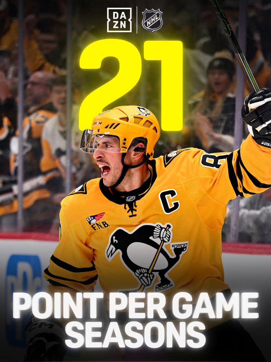 DAZN's tweet image. SIDNEY CROSBY 🙌
 
The only player to ever record 21 point-per-game seasons 🔥
 
#NHLonDAZN | #Penguins | #Crosby | #NHL