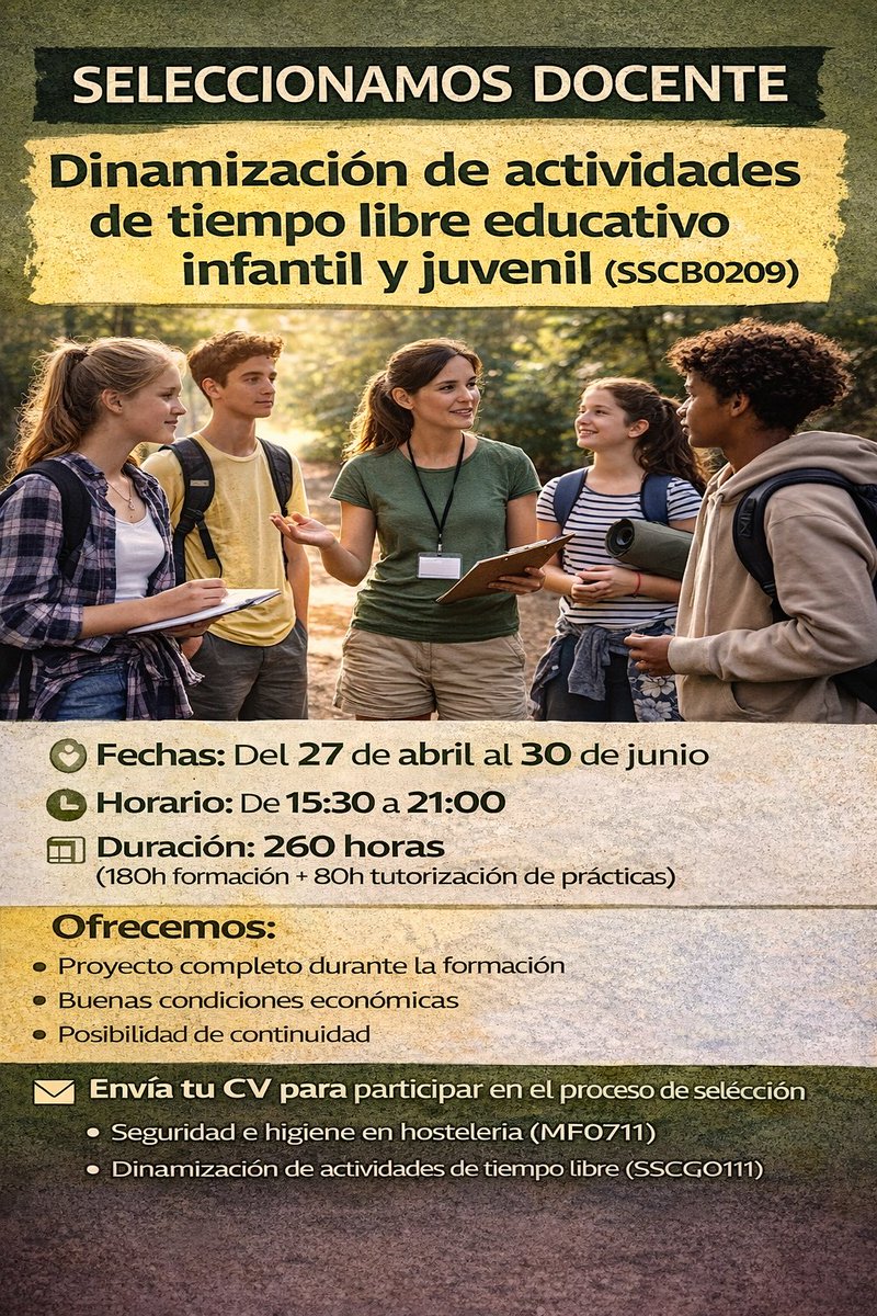 Andraviformacio's tweet photo. 𝐒𝐄𝐋𝐄𝐂𝐂𝐈𝐎𝐍𝐀𝐌𝐎𝐒 𝐃𝐎𝐂𝐄𝐍𝐓𝐄 para impartir el certificado profesional: DINAMIZACIÓN DE ACTIVIDADES DE TIEMPO LIBRE EDUCATIVO INFANTIL Y JUVENIL (SSCB0209)
C/ Antonio Machado, nº1-  Palencia
Teléfono: 979 16 50 58
WhatsApp: 691 20 42 21
formacion@rcmformacion.es https://t.co/TWr2KbbqRn