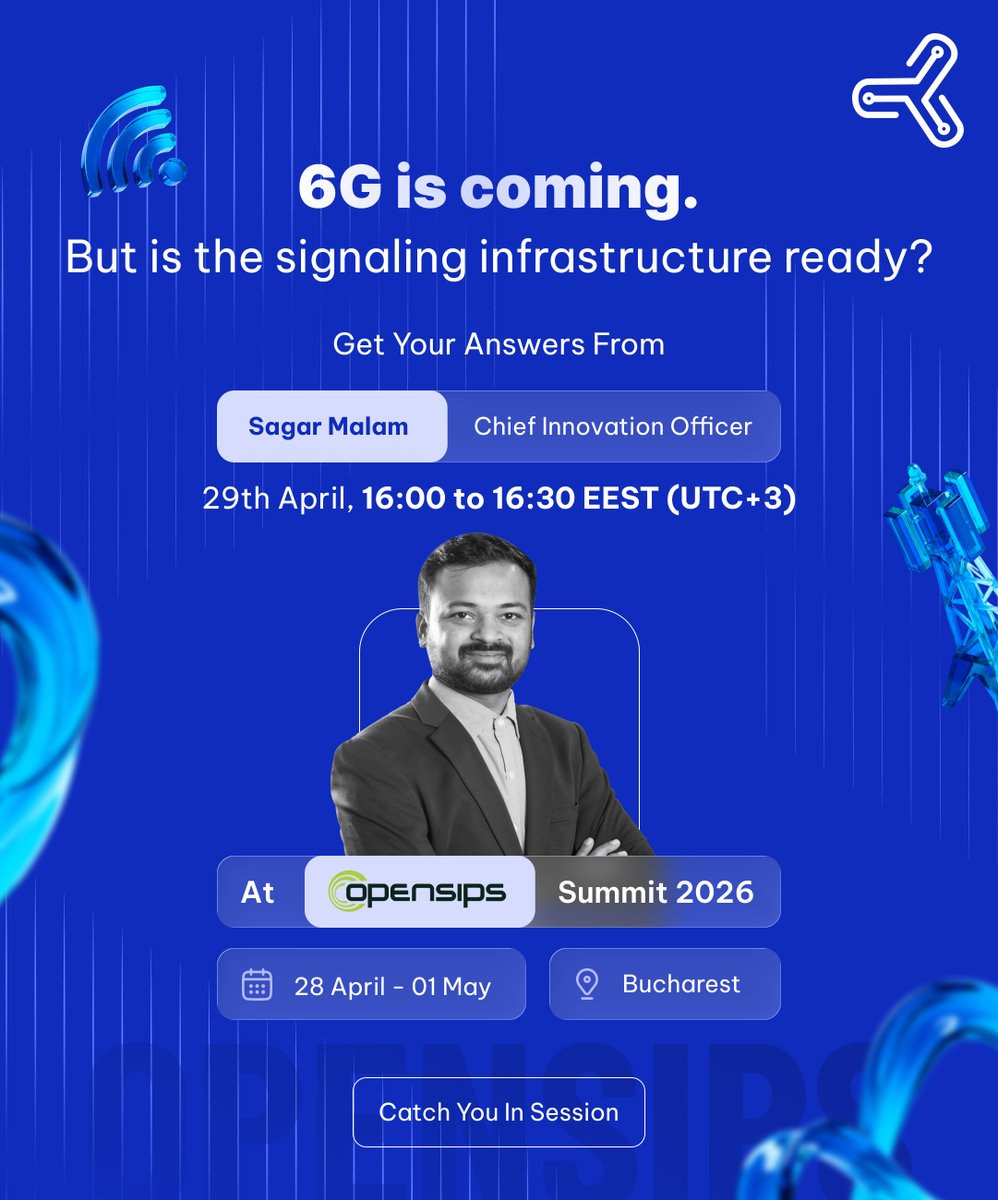 ecosmob's tweet photo. Catch insights about 6G signaling live at @opensips  Summit 2026.

Speaker: Sagar Malam (Chief Innovation Officer)
🗓️ Date: 29th April
⏰ Time: 16:00 - 16:30 (EEST | UTC+3)
📍 Location: Bucharest

Trust us, you don’t want to miss this.

#6G #Telecom #OpenSIPS #EcosmobTechnologies https://t.co/nDdgzsCsql