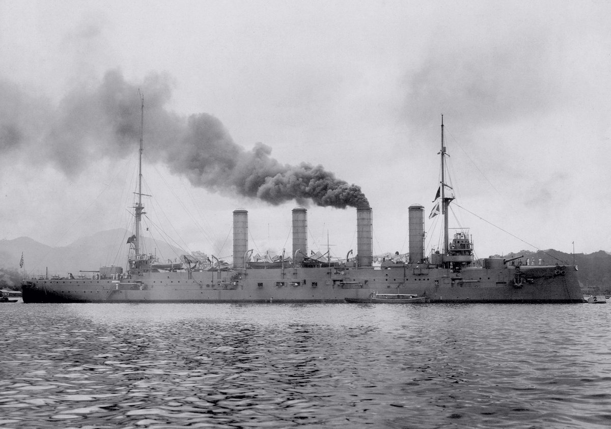 DramaWarship's tweet photo. Date: July 22, 1908. Location: Maizuru 舞鶴市, Japan. Event: Former armored cruiser Bayan of the Russian Navy's First Pacific Squadron commences her service with the IJN Training Squadron as Aso 阿蘇 upon completion of her 3 year-long repairs at the Maizuru Naval Arsenal 舞鶴海軍工廠. Current status: Intact wreck at appr. 34°32′ N, 139°56′ E, depth of ca. 1600 m.
