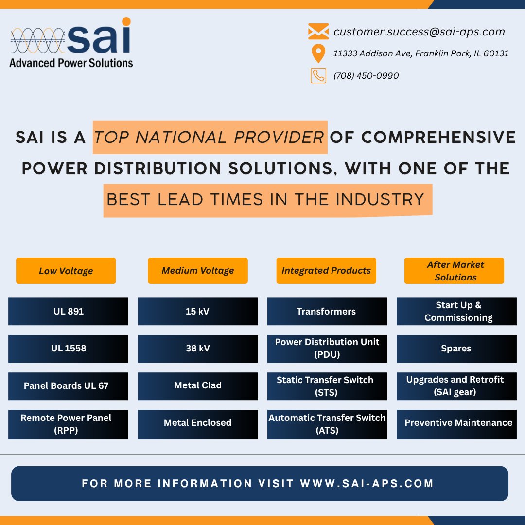 IEEETandD's tweet photo. SAI is a top national provider of comprehensive power distribution solutions, with one of the best lead times in the industry.

Power your next project with SAI.

Visit: https://t.co/RS0v9nQRLg

(Sponsored Post)
#PowerDistribution #EngineeredSolutions #BestLeadTime #ieeeTandD https://t.co/M3LweAWKUb