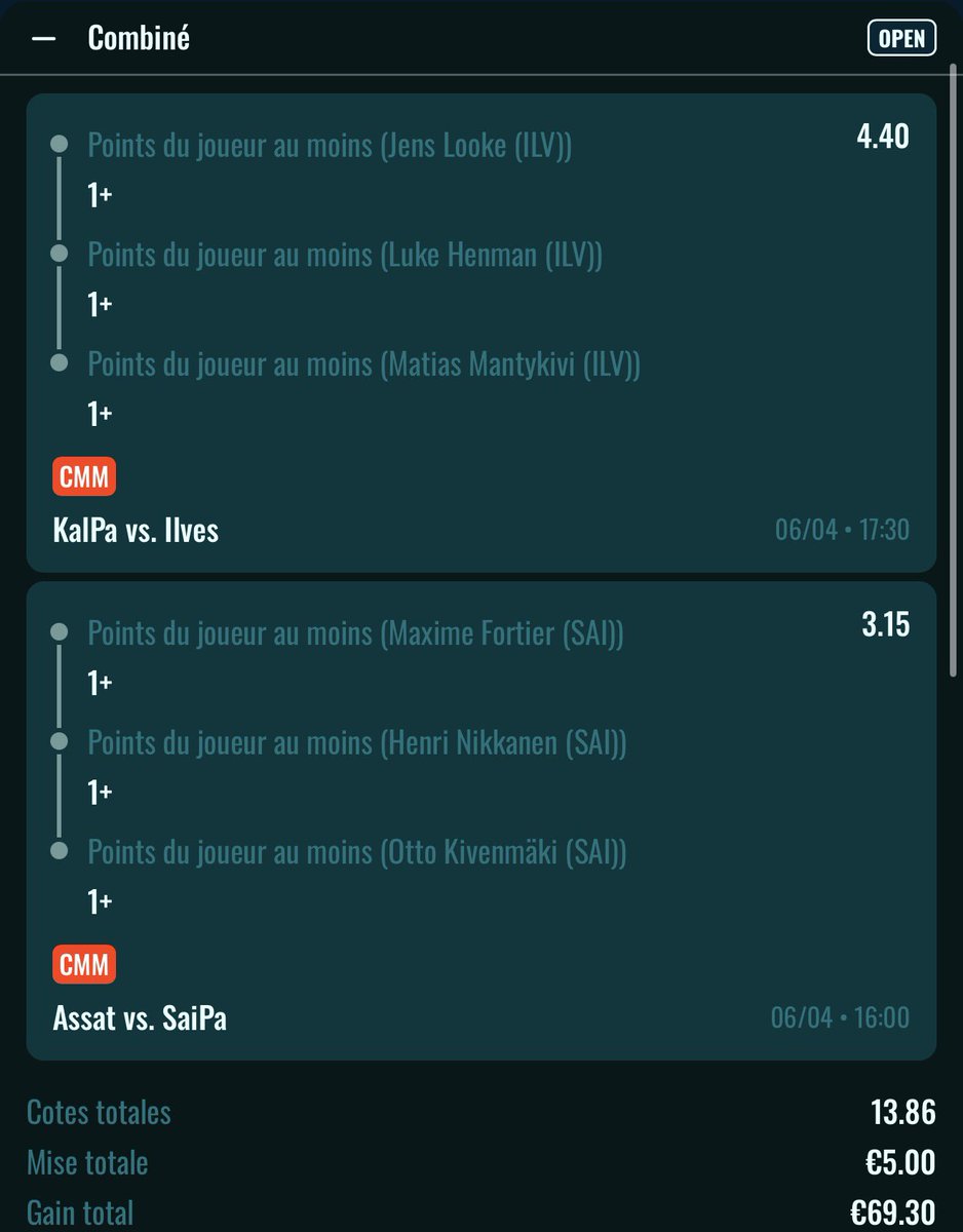 PronoNRV's tweet photo. 🏒 16:00

✍🏼 Looke x Henman x Mantykivi décisif • 4.4
✍🏼 Fortier x Nikkanen x Kivenmaki décisif • 3.15

📊 13.86 💶 5€ 💸 69.3€

✍🏼 Looke x Henman x Mantykivi décisif • 4.4
✍🏼 Noiva x Juhola x Kostilainen décisif • 6.5

📊 28.6 💶 5€ 💸 143€

✍🏼 Okany x Curry x Klemetti décisif • 5.25
✍🏼 Fortier x Nikkanen x Kivenmaki décisif • 3.15

📊 16.53 💶 5€ 💸 82.68€

✍🏼 Okany x Curry x Klemetti décisif • 5.25
✍🏼 Noiva x Juhola x Kostilainen décisif • 6.5

📊 34.12 💶 5€ 💸 170.62€

💰BK actuel : 25€
💰 BK restante : 5€