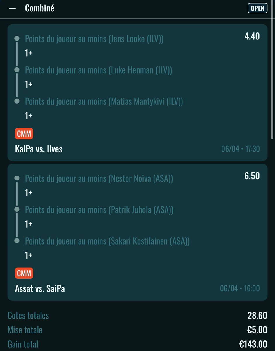 PronoNRV's tweet photo. 🏒 16:00

✍🏼 Looke x Henman x Mantykivi décisif • 4.4
✍🏼 Fortier x Nikkanen x Kivenmaki décisif • 3.15

📊 13.86 💶 5€ 💸 69.3€

✍🏼 Looke x Henman x Mantykivi décisif • 4.4
✍🏼 Noiva x Juhola x Kostilainen décisif • 6.5

📊 28.6 💶 5€ 💸 143€

✍🏼 Okany x Curry x Klemetti décisif • 5.25
✍🏼 Fortier x Nikkanen x Kivenmaki décisif • 3.15

📊 16.53 💶 5€ 💸 82.68€

✍🏼 Okany x Curry x Klemetti décisif • 5.25
✍🏼 Noiva x Juhola x Kostilainen décisif • 6.5

📊 34.12 💶 5€ 💸 170.62€

💰BK actuel : 25€
💰 BK restante : 5€