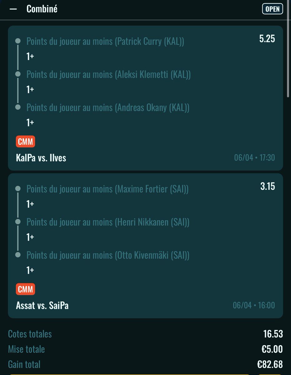 PronoNRV's tweet photo. 🏒 16:00

✍🏼 Looke x Henman x Mantykivi décisif • 4.4
✍🏼 Fortier x Nikkanen x Kivenmaki décisif • 3.15

📊 13.86 💶 5€ 💸 69.3€

✍🏼 Looke x Henman x Mantykivi décisif • 4.4
✍🏼 Noiva x Juhola x Kostilainen décisif • 6.5

📊 28.6 💶 5€ 💸 143€

✍🏼 Okany x Curry x Klemetti décisif • 5.25
✍🏼 Fortier x Nikkanen x Kivenmaki décisif • 3.15

📊 16.53 💶 5€ 💸 82.68€

✍🏼 Okany x Curry x Klemetti décisif • 5.25
✍🏼 Noiva x Juhola x Kostilainen décisif • 6.5

📊 34.12 💶 5€ 💸 170.62€

💰BK actuel : 25€
💰 BK restante : 5€