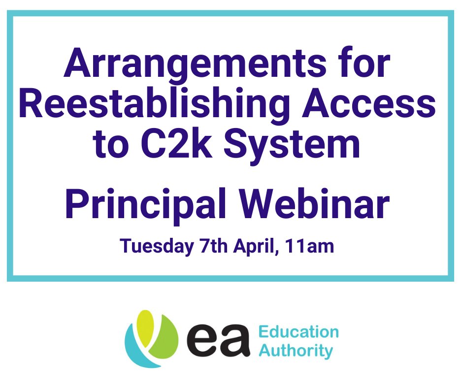 Ed_Authority's tweet photo. Arrangements for Reestablishing Access to C2k System 

💻Principal Webinar: Tuesday 7th April - 11am

EA  will hold an Information Webinar for all Principals on Tuesday morning to set out the steps required for schools to ensure their pupils and staff can safely and securely reestablish their C2k accounts as soon as possible. 

Guidance will be shared with Principals to support verifying access for the users within their school. 

The Principal or a designated representative for the Principal can register for the webinar on the link below:

https://t.co/t3poL3mlZ4

EA implemented a C2k password reset in response to the cyber incident last week.

We continue to assist schools to reset their passwords to re-establish C2k access and the webinar will help us to continue this work. 

Schools' cooperation in this process this week will help ensure timely access to the service as soon as possible and at the beginning of the new term. 

If Principals are unable to attend the webinar, please use the form to register and a copy of the recording will be made available.
 
Please note that the Service Desk remains open 8am to 5pm throughout for the remainder of this week and through the incoming weekend.

Service Desk : 0800 0931 541