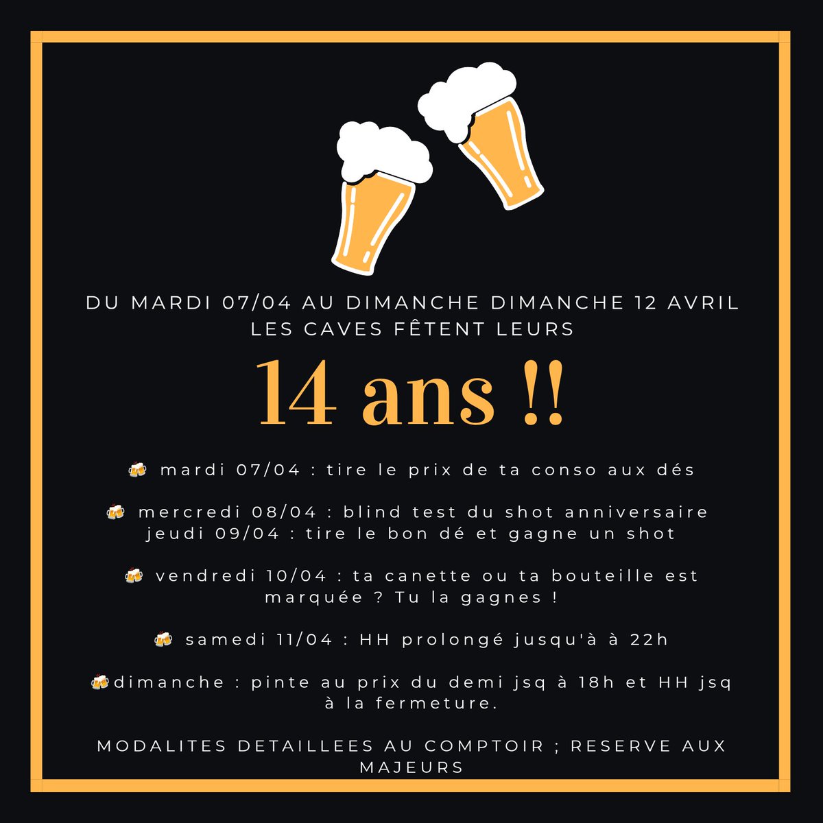 LesCavesAlliees's tweet image. Du mardi 7 au dimanche 12 avril, les Caves fêtent leurs 14 ans ! 🎉 Chaque jour de la semaine nous vous proposerons une animation différente : rdv sur nos réseaux sociaux et au comptoir pour en savoir plus ! #barparis #sortiraparis 
.
.
.
L'alcool est à consommer avec modération.