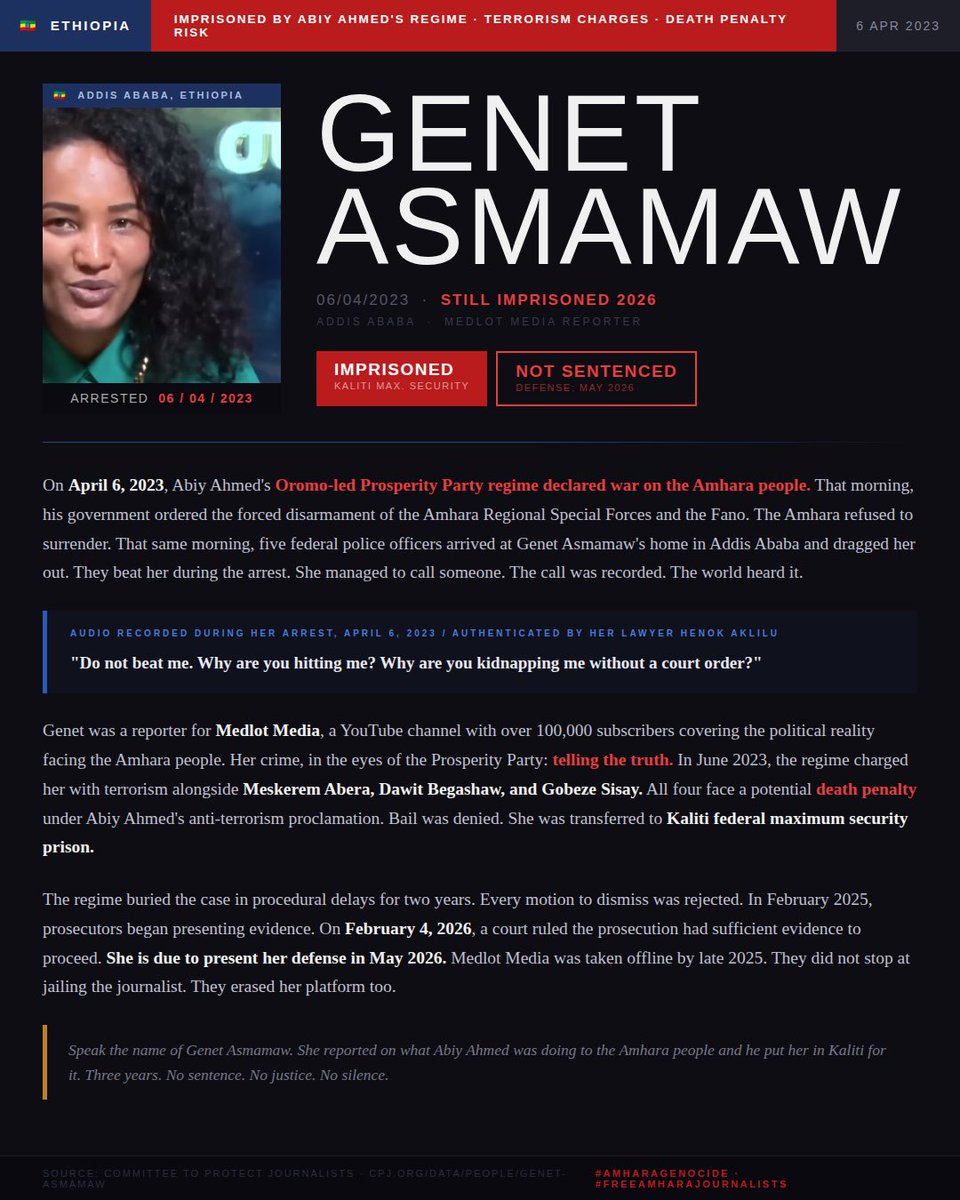 NathanWDemesse's tweet photo. April 6 2026 Marks Three Years. 
“Do not beat me. Why are you hitting me? Why are you kidnapping me without a court order?” These were the last words of Genet Asmamaw as she was dragged away. #StopAmharaGenocide #Fano https://t.co/3qUwydkcBo