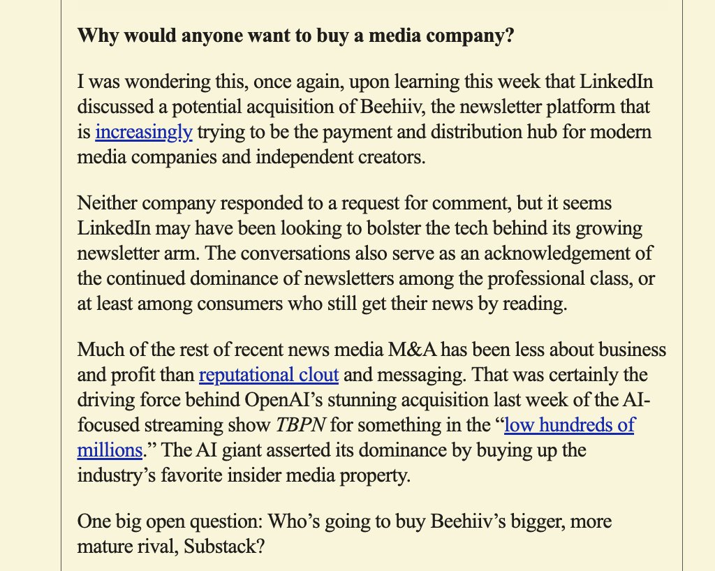 maxwelltani's tweet photo. From last night's @semafor media newsletter : LinkedIn discussed acquiring the newsletter company Beehiiv late last year https://t.co/UbR8bOurme