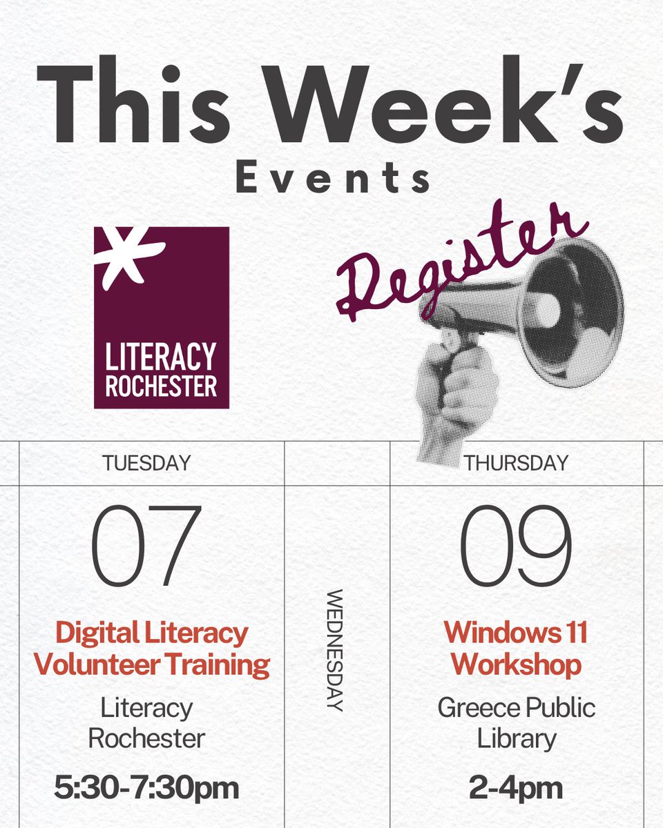 Happening this week! Don't miss out on our upcoming Digital Literacy volunteer training or Windows 11 workshop at Greece Public Library 

Sign up on our events calendar: bit.ly/4chgBsc

#roc #digitalliteracy #workshop #training #volunteer #community #windows11