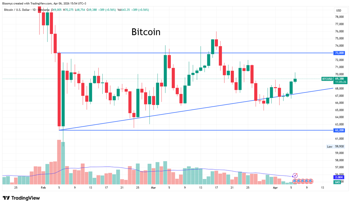 Bloomys_X's tweet photo. $BTC reclaimed its short-term uptrend. That’s a constructive move.

But key levels still ahead:
70K (psychological)
73K (major resistance)

A break above is needed to confirm a bullish trend. 
Volume remains weak and that’s a concern. https://t.co/VBV7kolws2