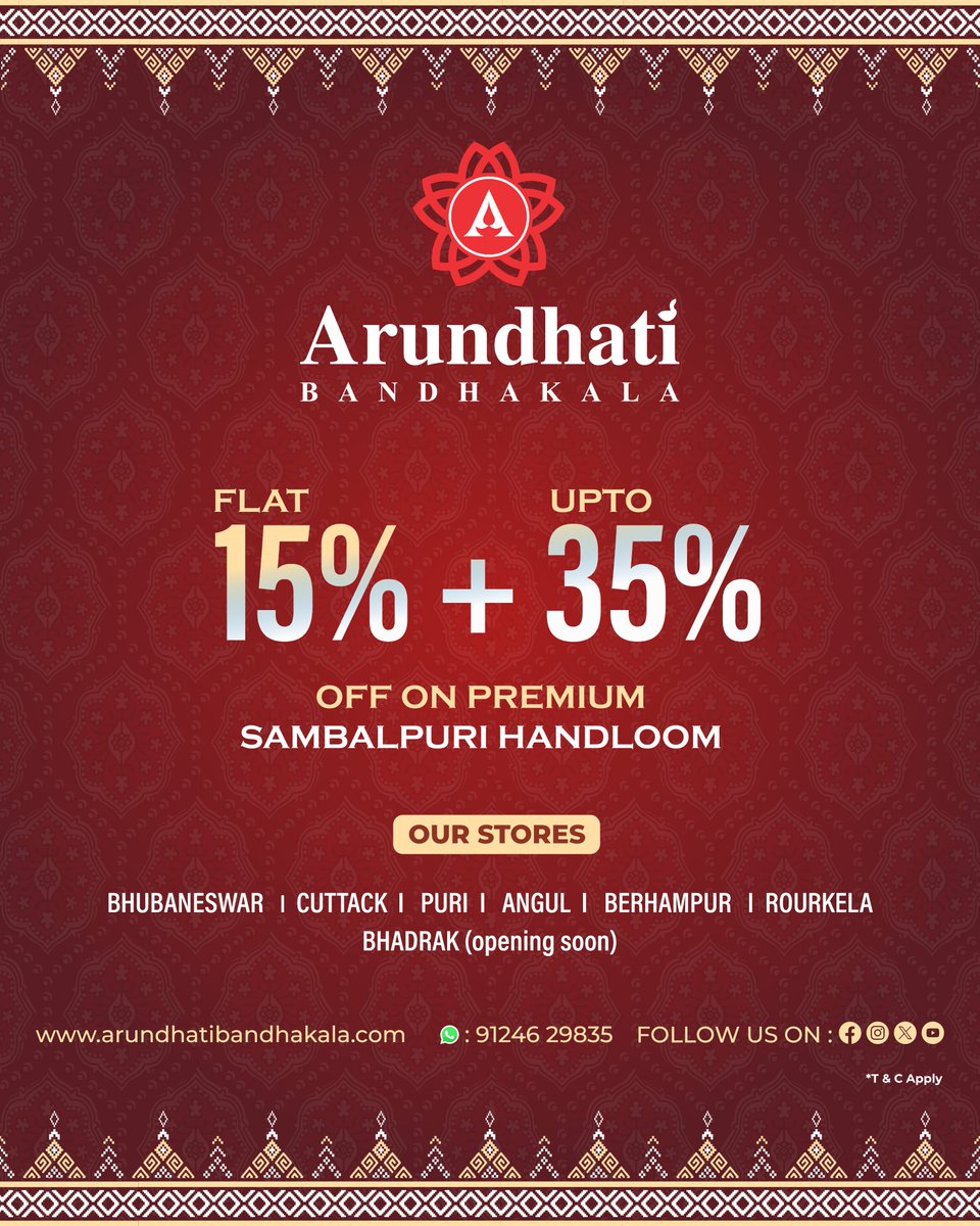 bandhakala's tweet photo. A graceful blend of heritage and contemporary elegance ✨

🎉𝐅𝐥𝐚𝐭 𝟏𝟓% 𝐎𝐅𝐅 + 𝐔𝐩 𝐭𝐨 𝟑𝟓% 𝐄𝐱𝐭𝐫𝐚 𝐒𝐚𝐯𝐢𝐧𝐠𝐬 - T &amp; C apply!

📍Visit your nearest 𝐀𝐫𝐮𝐧𝐝𝐡𝐚𝐭𝐢 𝐁𝐚𝐧𝐝𝐡𝐚𝐤𝐚𝐥𝐚 𝐬𝐭𝐨𝐫𝐞.
📞𝟏𝟖𝟎𝟎 𝟖𝟖𝟗 𝟖𝟎𝟏𝟖

#ArundhatiBandhakala #BandhaSaree https://t.co/Bpi0CVUay3