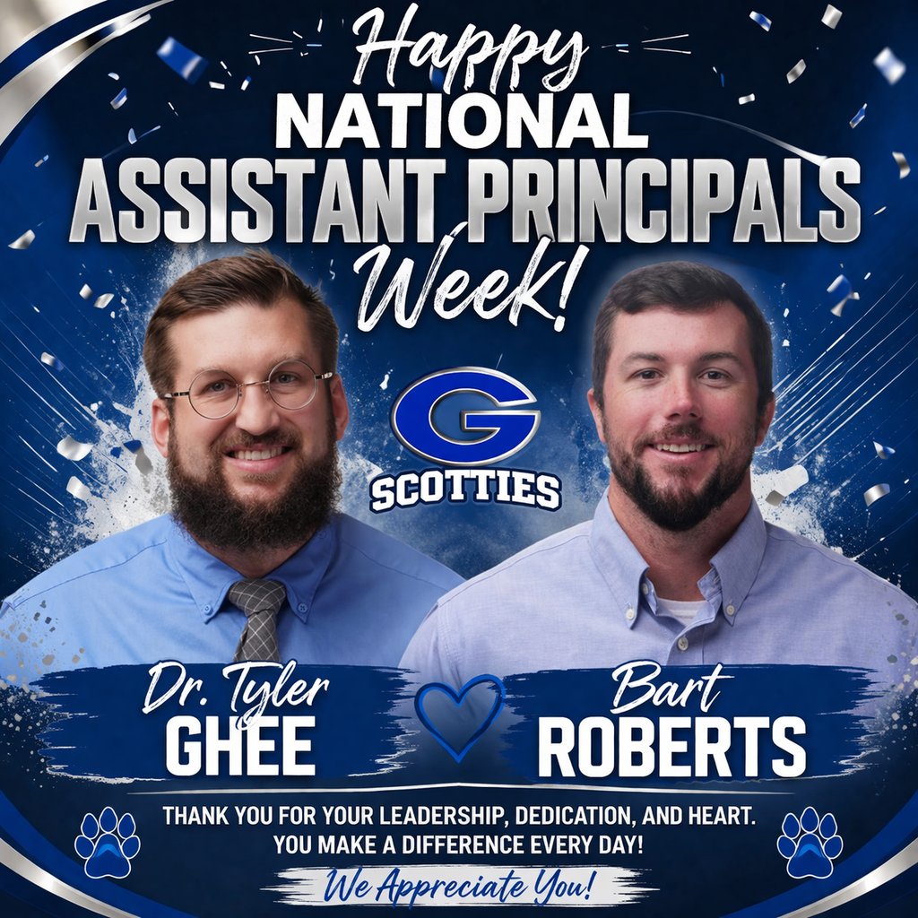 Happy National Assistant Principals Week! 🎉
We are incredibly grateful for the leadership, dedication, and heart that Dr. Tyler Ghee and Bart Roberts bring to Glasgow High School each and every day.