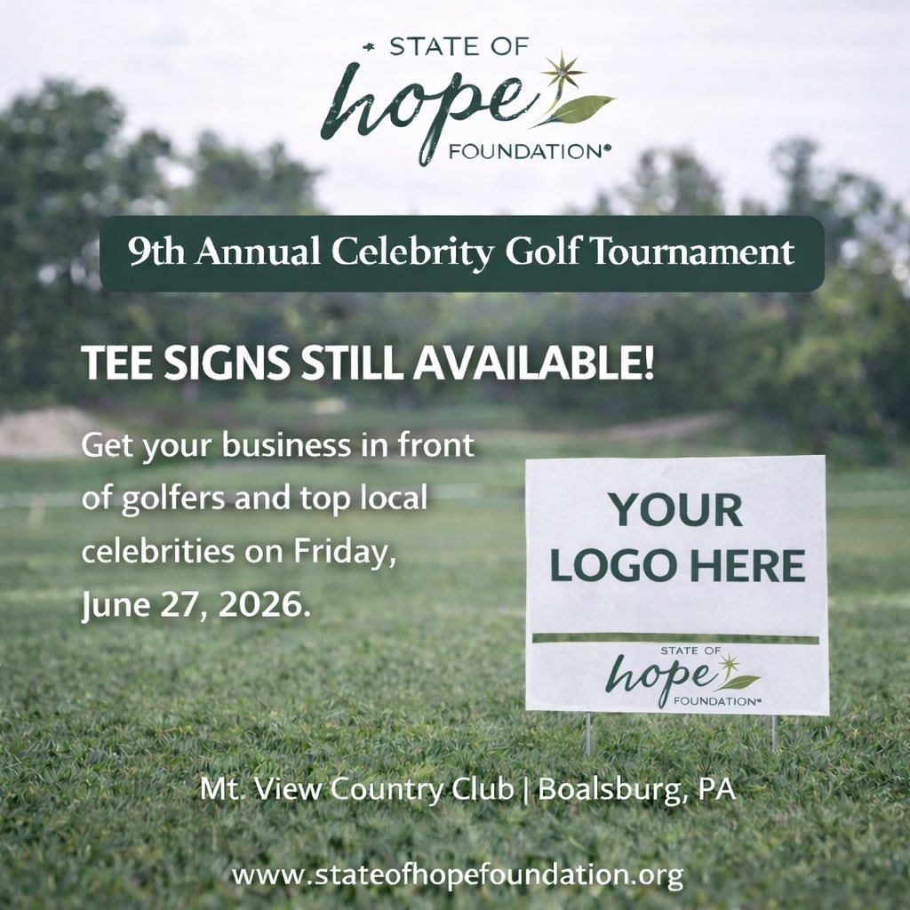 SOH_Foundation's tweet photo. ⛳️ TEE SIGN SPONSORS NEEDED ⛳️

Be seen. Be remembered. Make an impact.

The 9th Annual Celebrity Golf Tournament for State of Hope Foundation is quickly approaching, and we’re looking for additional tee sign sponsors to showcase your brand on the course. LINK IN BIO! https://t.co/Aub9VkUgTn