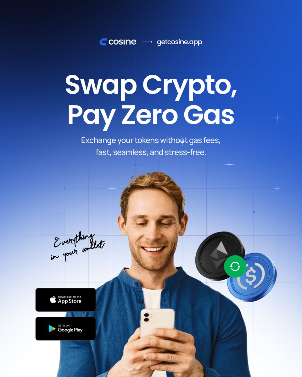 Swap crypto. Pay zero gas. ⚡
 
No extra fees.
No confusion.
 
Just fast, seamless swaps.
 
Download Cosine Wallet on App Store &amp; Play Store 📲

getcosine.app/download

#CosineWallet #CryptoSwap #Web3 #Gasless