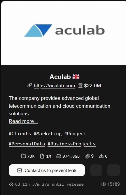 FalconFeedsio's tweet photo. 🚨 Ransomware Alert 🚨

Aculab (https://t.co/joR1cQyNTt), a UK-based telecommunication and cloud communication solutions company, has reportedly fallen victim to the Bravox ransomware group.

NB: The group intends to publish the data within 6-7 days.

🔎 Key Details:

👥 Threat Actor: Bravox
📅 Reported on: 6 April 2026
💾 Data compromised: 974.8 GB