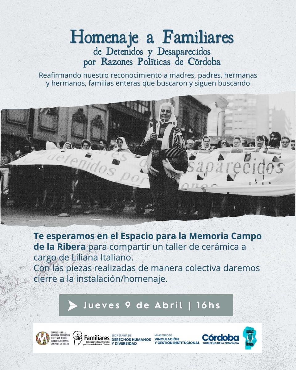 espaciosmemoria's tweet photo. 🌹 En el marco de la Semana de la Memoria a 50 años del Golpe de Estado cívico-militar, homenajeamos a Familiares de Detenidos y Desaparecidos por Razones Políticas de Córdoba.

📆 Jueves 9 de abril
🕜 16hs
📍 Espacio para la Memoria Campo de la Ribera https://t.co/NL8NDbsGoT