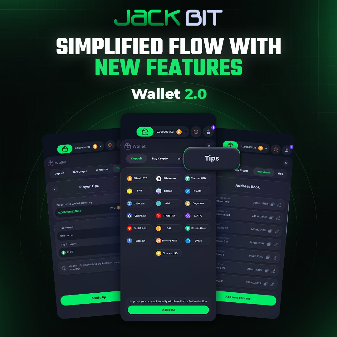 JackCasino's tweet photo. Experience the fastest way to manage your crypto with our new wallet!⚡

✅ Address Book – Save your addresses for instant access 
✅ Built-in Tips – Reward your squad instantly
✅Track your history with Faster deposits & withdrawals

Repost & Tag to enter the $25 Tip Giveaway! 🎁