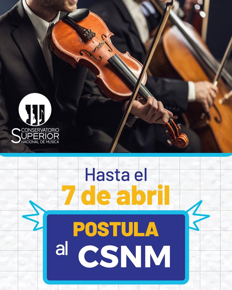 csnm_oficial's tweet photo. 🎼 Estudia la carrera  de 𝐈𝐧𝐬𝐭𝐫𝐮𝐦𝐞𝐧𝐭𝐨 o 𝐂𝐨𝐦𝐩𝐨𝐬𝐢𝐜𝐢ó𝐧 en 𝐂𝐨𝐧𝐬𝐞𝐫𝐯𝐚𝐭𝐨𝐫𝐢𝐨 𝐒𝐮𝐩𝐞𝐫𝐢𝐨𝐫 𝐍𝐚𝐜𝐢𝐨𝐧𝐚𝐥 𝐝𝐞 𝐌ú𝐬𝐢𝐜𝐚. 

🗓️ Postula hasta el 𝟕 de 𝐚𝐛𝐫𝐢𝐥 en 👉 https://t.co/IeR2RDJoIB 
✅️No olvides seleccionar al CSNM como primera opción. https://t.co/L3tKSPa4n4