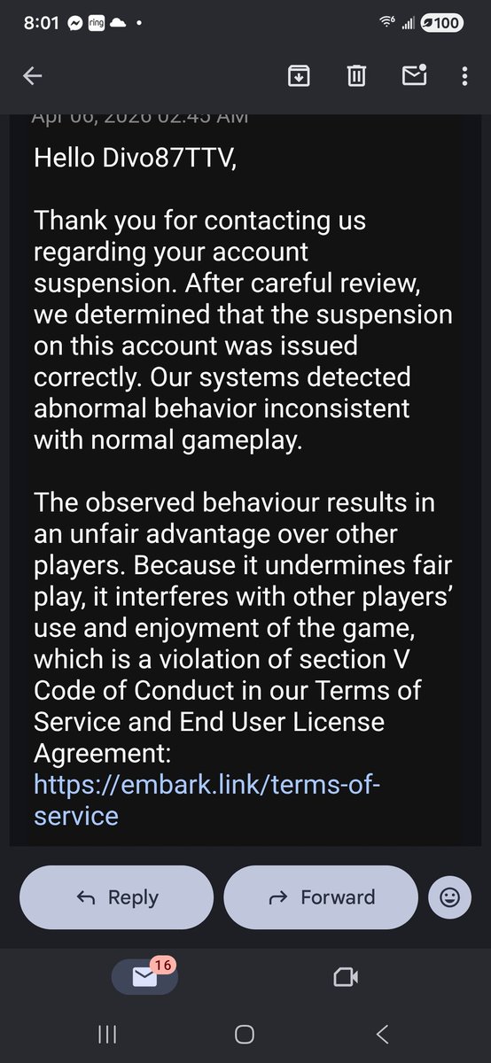 divo087's tweet photo. almost 300 hours streamed in @ARCRaidersGame  only to be hit with a 1 month ban with 0 explanation! spent money on the game for my self and my son plus cosmetics and their shitty Ai banned me and they refuse to lift it or say why! this is appalling customer service! https://t.co/lIc8b2PNVu