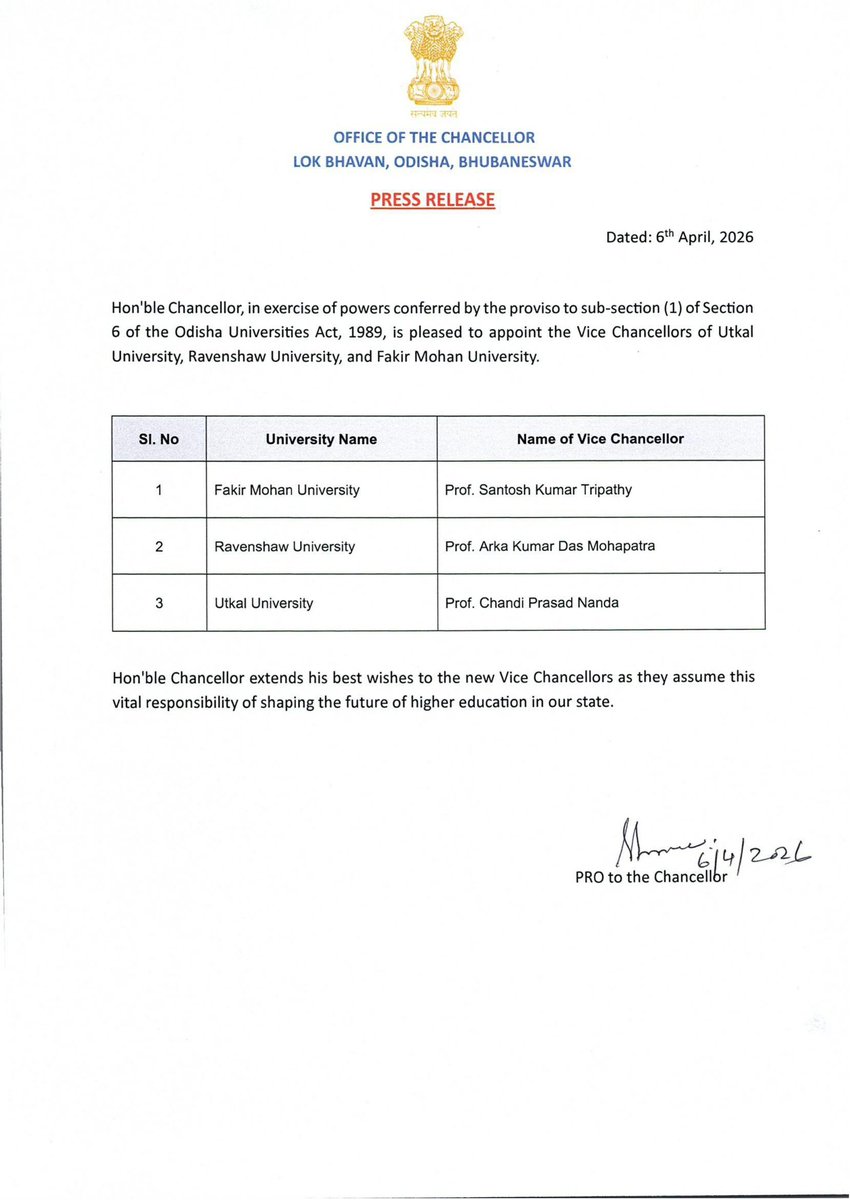 DrHariBabuK's tweet photo. As Chancellor, I am pleased to appoint the Vice Chancellors of Utkal University, Ravenshaw University, and Fakir Mohan University.

These distinguished academicians bring extensive experience, vision, and a steadfast commitment to excellence. I am confident that, under their leadership, these premier institutions will reach new heights in research, innovation, and academic excellence, while nurturing the aspirations of our youth.

I extend my best wishes to the new Vice Chancellors as they assume this vital responsibility of shaping the future of higher education in Odisha.