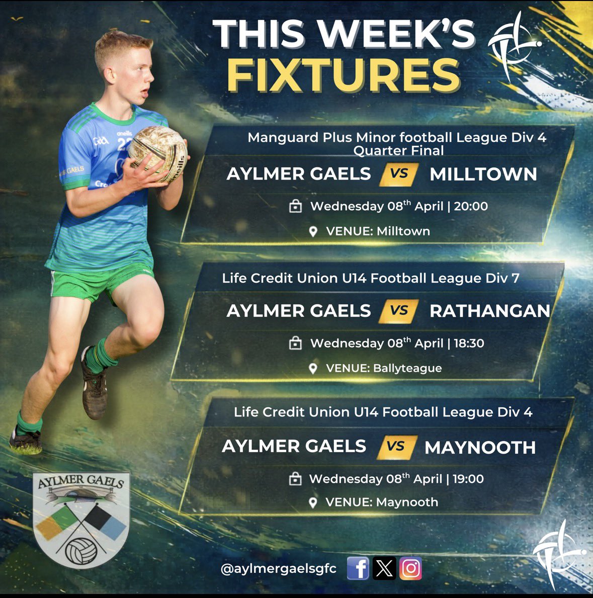 Another busy week ahead for Aylmer Gaels, with both U14 teams back in action against Rathangan and Maynooth, while our minors take on Milltown in their quarter-final clash this Wednesday.

Best of luck to all involved 🟢🔵