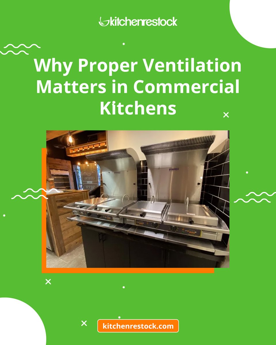 KitchenRestock's tweet photo. Proper ventilation is essential in every commercial kitchen. It reduces grease and smoke buildup, improves air quality, supports fire code compliance, and helps lower energy costs by removing excess heat. 

👉 Find your best restaurant equipment here: https://t.co/fNhaUPB8vo https://t.co/cgzTzKZ5Y2
