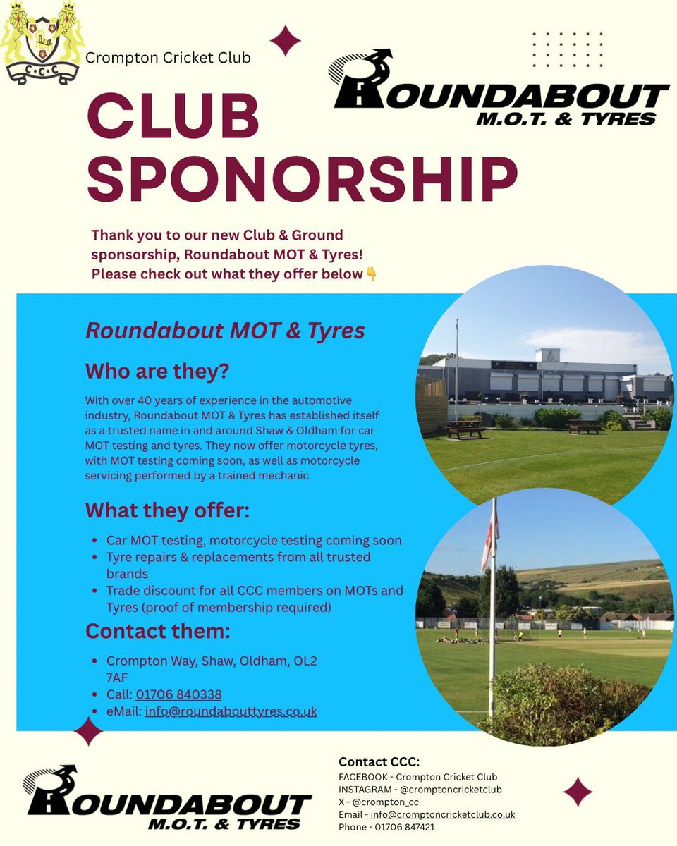 crompton_cc's tweet photo. We’re proud to welcome Roundabout MOT &amp; Tyres as our new Club &amp; Ground sponsor! 🚗

With 40+ years’ experience, they’re a trusted name for MOTs, tyres, and repairs across Shaw &amp; Oldham—plus exclusive discounts for CCC members.

Please support those who support the club 👇 https://t.co/ZlaOYcyuEF