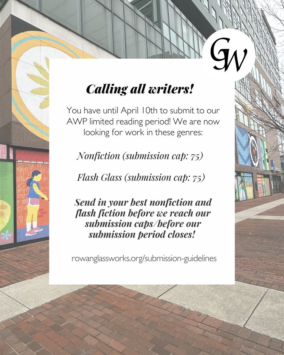 rowanglassworks's tweet photo. Send in your best nonfiction and flash fiction before we reach our submission caps/before our submission deadline approaches! Check out our submission guidelines below for more information!

https://t.co/DVCUVwXHWR

#FlashGlass #LitMag #CreativeNonfiction #Writing https://t.co/7kLzJ5nyia
