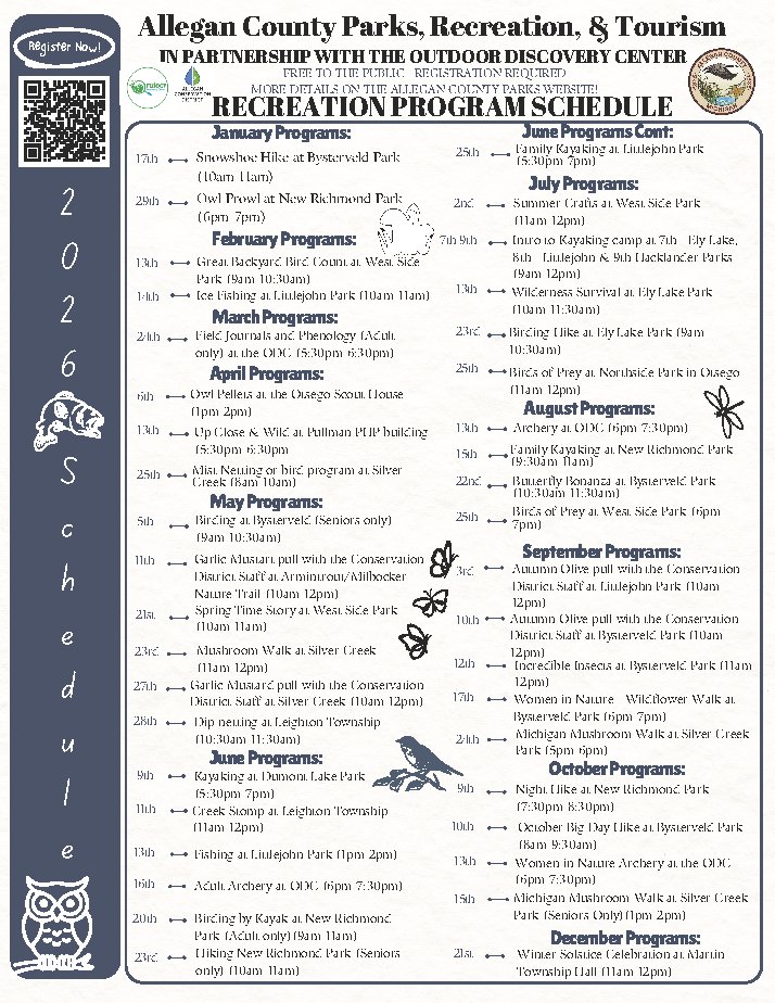 April is Environmental Awareness Month! Check out these free events from Allegan County Parks, Recreation, &amp; Tourism. Pre-registration is required. Learn more at allegancounty.org/parks.