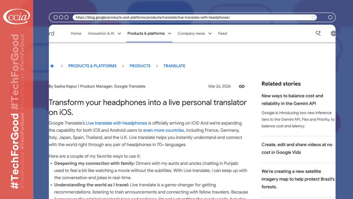 ccianet's tweet image. .@Google is breaking down language barriers by bringing its #AI-powered live translation to headphones. By enabling real-time interpretation across 70+ languages, Google is making it easier for people to connect and communicate anywhere in the world. #TechForGood