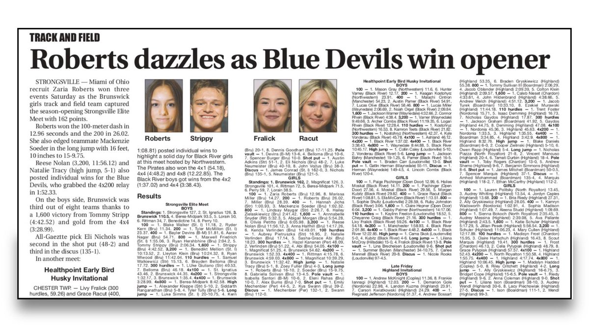 BrunswickCSD's tweet photo. ICYMI: While many of our students, families, and staff were enjoying Spring Break, our @BHSGoBigBlue athletes were busy competing!  Congratulations to the BHS girls' track team for winning their season-opening meet!  Zaria Roberts won the 100-meter dash, the 200-meter dash, and the long jump! The boys' team earned 3rd place, with key contributions including a 1st-place finish by Tommy Strippy in the 1600 meters and a 1st-place finish by the 4x4 relay team. Way to go!  We are so proud of you!  For more information, check out the March 30th edition of the @MedinaGazette. #BrunswickPRIDE #JourneyOfABlueDevil