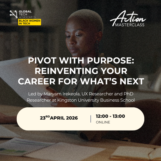 GTA_BWTECH's tweet photo. Are you considering a career shift but unsure where to start?

Join our Action Masterclass 'Pivot with Purpose'.

📅 23 April 2026
⏰ 12:00–13:00 (Online)

Led by Maryam Irekeola, gain practical strategies to navigate change with clarity &amp; confidence.

https://t.co/S5DUjmrTug https://t.co/WJsuY7K1DI