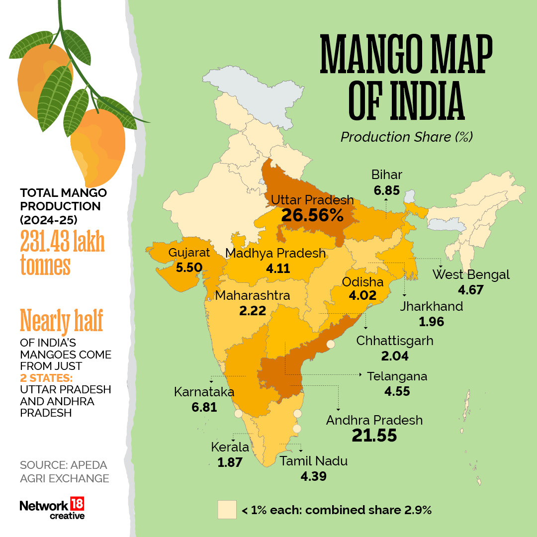 Nw18Graphics's tweet image. Mango Map of India
As mango season begins, a look at the states that produce most of India’s favourite fruit.

#Nw18Creatives #Nw18Graphics #Maps #Infographics #VisualStorytelling #Data