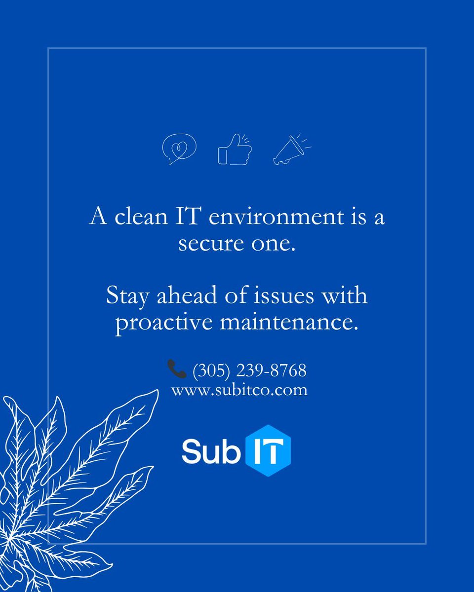 subIT_'s tweet image. Spring clean your IT. 🌱

Missed updates, old accounts, and untested backups can lead to downtime and security risks.

Regular maintenance keeps your systems secure and efficient. Call us!

#ITMaintenance #CyberSecurity #ManagedIT #SubIT