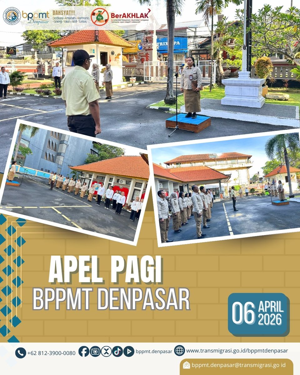Seluruh pegawai BPPMT Denpasar melaksanakan apel pagi sebagai bentuk komitmen dalam menjaga disiplin dan memperkuat semangat kebersamaan dalam bekerja. Apel pagi kali ini dipimpin oleh Penggerak Swadaya Masyarakat Ahli Madya, Ibu Putu Yuniary Gunawitra.

#ApelPagi
#BPPMTDenpasar