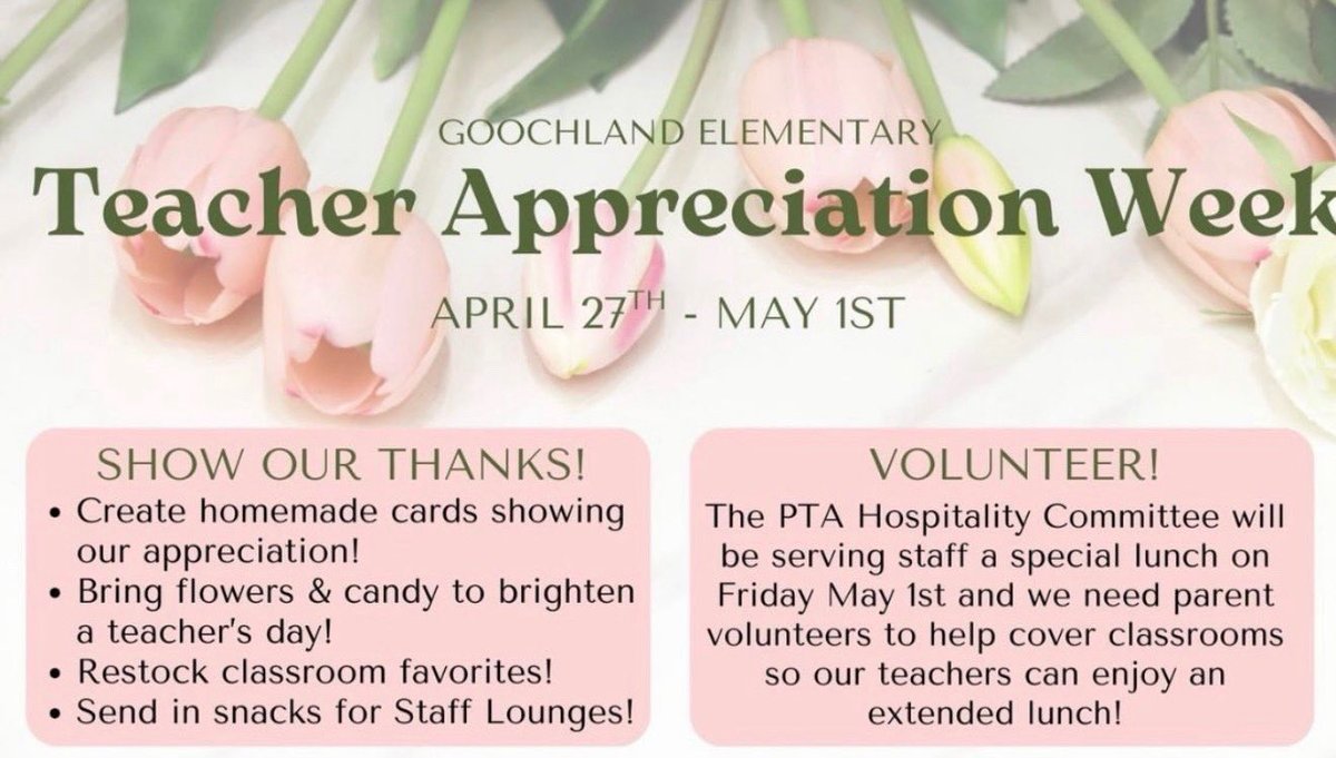 GESPTA3's tweet photo. Teacher appreciation week April 27 - May 1 🍎 Volunteer your time on Friday, May 1st to help give our teachers an extended lunch! Sign up Here: https://t.co/ojpjWPGbKy…

#TeacherAppreciation #ThankATeacher https://t.co/AllAdpXj7W
