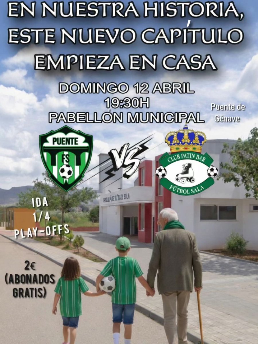 LA PREVIA|

Y la cuenta atrás ⏳ llega a su fin. 

Puente FS 🆚 CD Patín bar
IDA 1/4 Play-off
🗓️ Domingo 12/04 🕒 19:30h
🎫 2€ ABONADOS GRATIS
🏟️ Polideportivo municipal de Puente de Génave

puentegenavefs.blogspot.com/2026/04/previa…