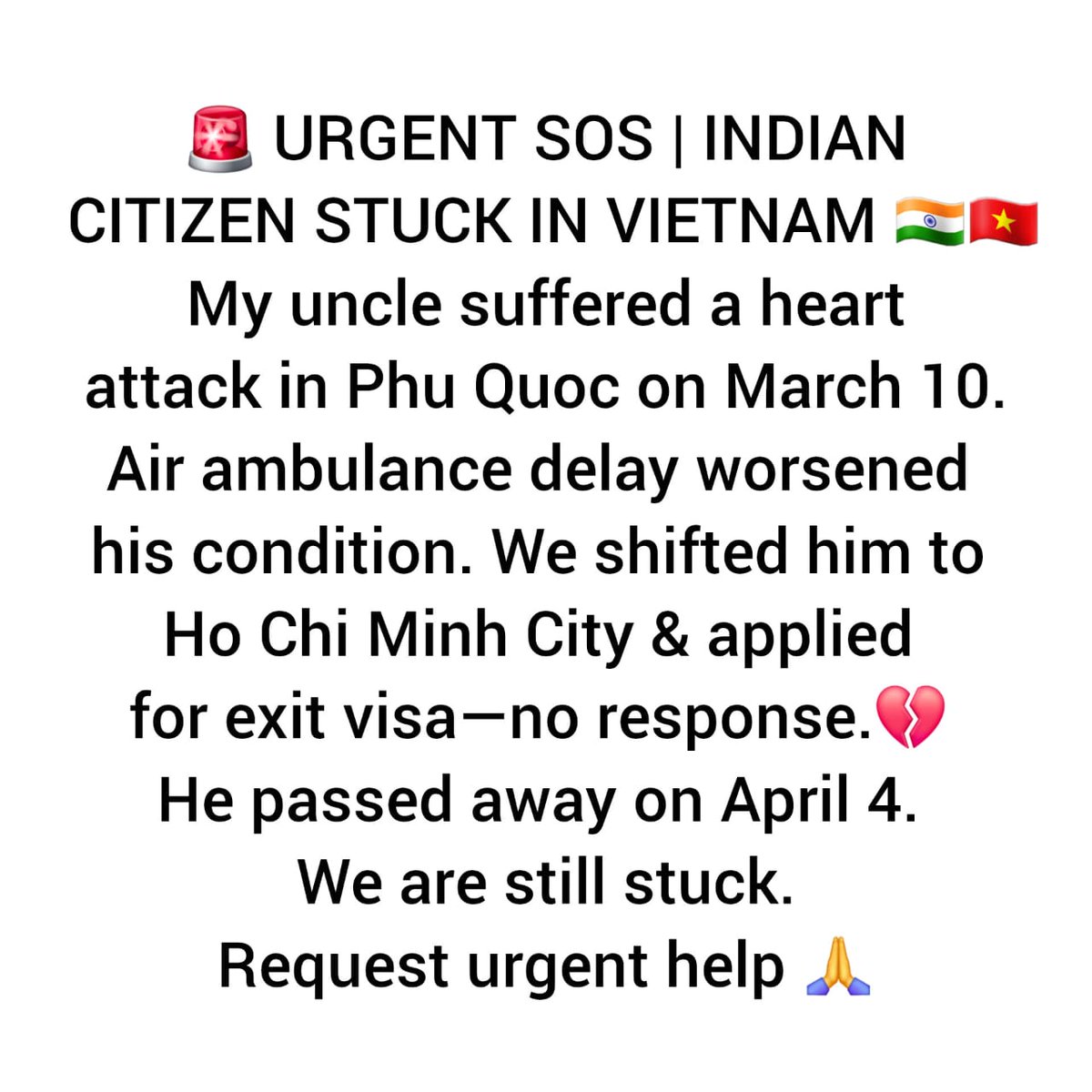 sunilbsingh's tweet photo. @MEAIndia @IndianDiplomacy @CPVIndia @passportsevamea @meaMADAD 
@DrSJaishankar @PMOIndia @narendramodi @VNinINDIA @MOFAVietNam
@VNGovtPortal @VNinINDIA
@IndiainVietnam  @EOIHanoi

#SOS #Emergency #IndiansAbroad #Vietnam https://t.co/tkJQgVDRyk