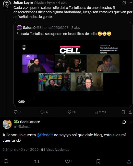 <a href="/Javielcanino/">elCANINOclips💣</a> Btw, aparentemente la cuenta <a href="/friedeit/">Friede.</a> no es de Friede