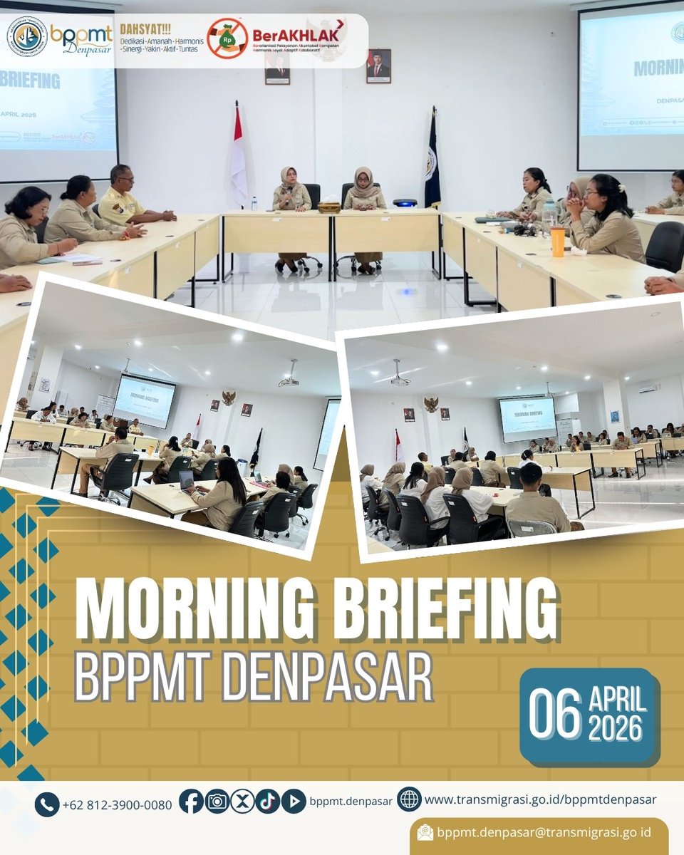 Kepala BPPMT Denpasar melaksanakan morning briefing bersama seluruh pegawai. Pada kesempatan ini, beliau mengapresiasi kinerja seluruh pegawai dalam menyukseskan kunjungan kerja Wakil Menteri Transmigrasi. 

"Bagi kami, integritas adalah harga mati"

#BPPMTDenpasar