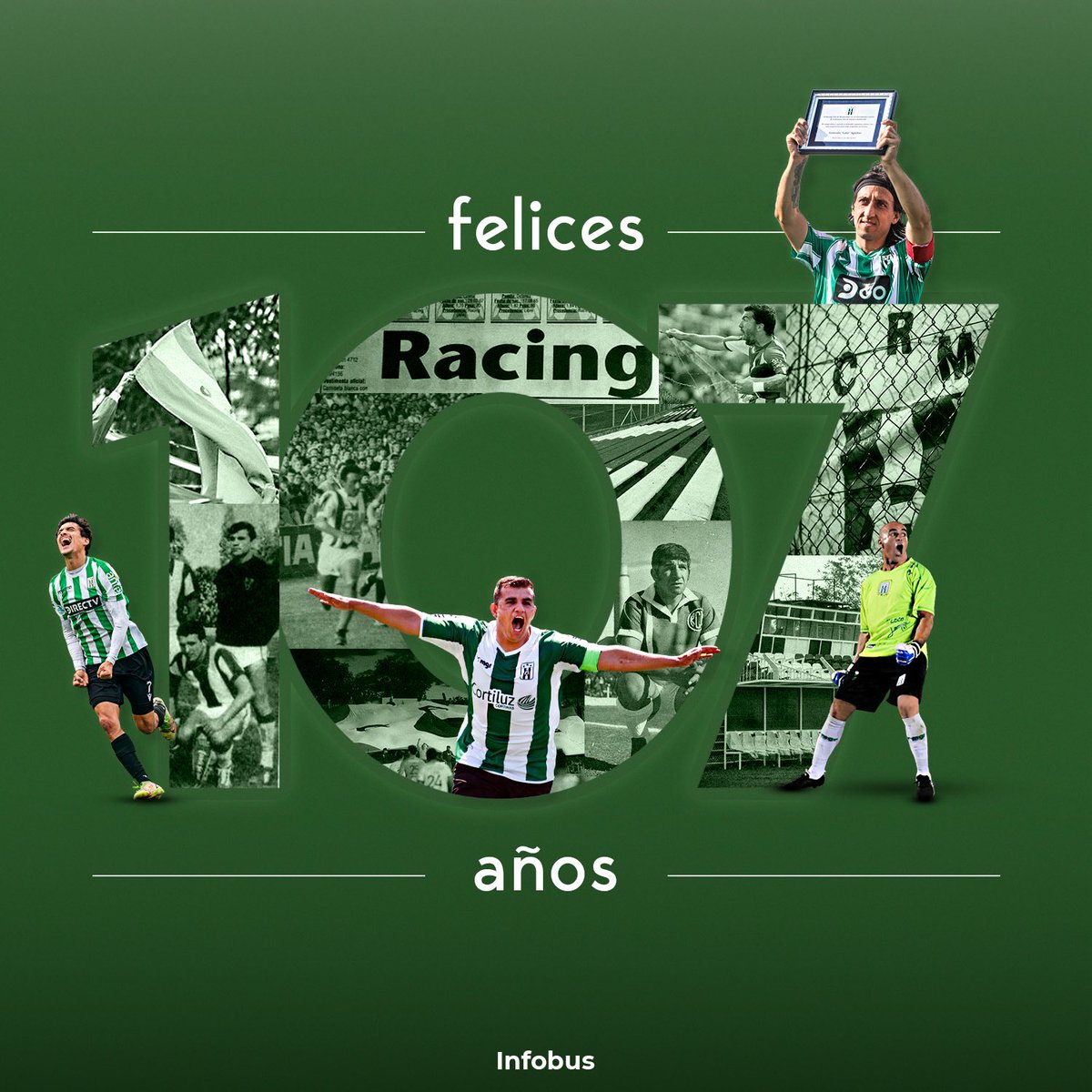 Infobus_rcm's tweet photo. El que nació en Reducto y se crió en Sayago. El mismo que gracias a sus hinchas compró el terreno, el que formó campeones de América y del mundo. El que tocó fondo al punto de que le embargaran los arcos y de estar último en la B con mucho sacrificio logró desafiar a gigantes de América de la mano de un ingeniero. El mismo que se reinventó y goleó en Buenos Aires. El Racing Club de Montevideo, que cumple 107 años de historias vividas por nuestros abuelos, nuestros padres, por nosotros y por los que vendrán.

Salú por los muchachos que se juntaron una vez en Reducto para fundar Yuyito. Por los hermanos Roberto, por los campeones que se formaron en la escuela, por los que nos hicieron hinchas, por los que no están. Salú pueblo Cervecero 🍻