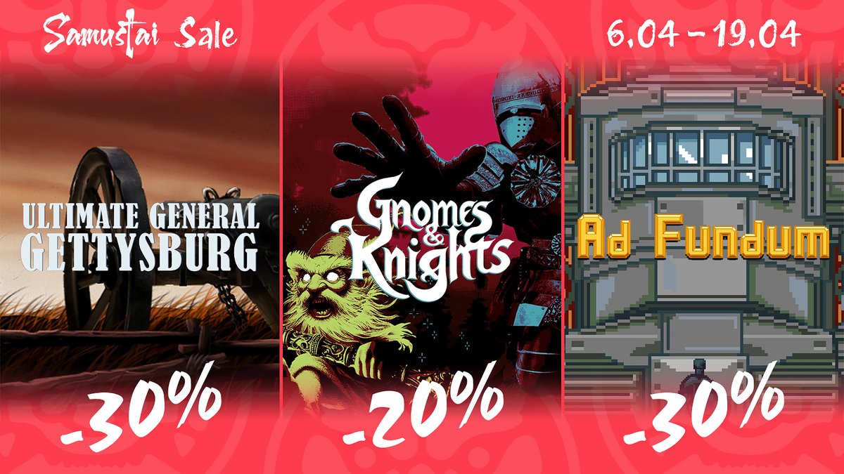 samustai's tweet photo. Samustai Sale is LIVE on Nintendo eShop!
 
🎯 Ultimate General: Gettysburg -30%
⚔️ Gnomes &amp; Knights -20%
🏚️ Ad Fundum -30%
 
Ends: 19 April 2026.
Grab the deals!
 
#NintendoSwitch #eShop #Switch https://t.co/0nytyqwyDM