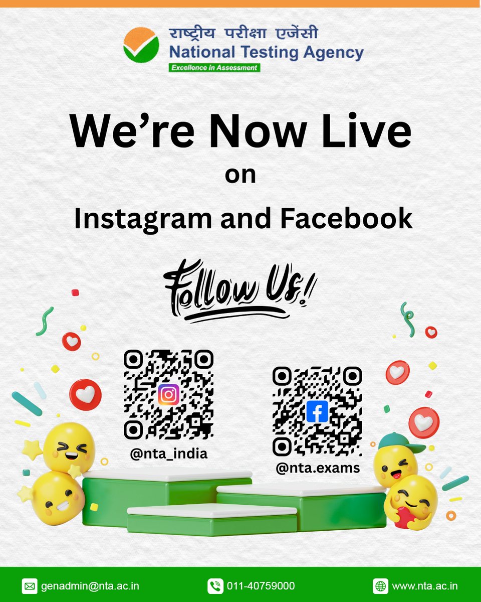 NTA_Exams's tweet photo. Big Update! NTA is now closer to you than ever 📲
Get real-time updates, exam alerts, and everything you need — all in one place.

Follow us and stay ahead. Don’t miss out 🚀
#NTAExams #NowOnInstagram #StayUpdated #ExamAlerts  #NTAUpdates https://t.co/5zw99ioneM