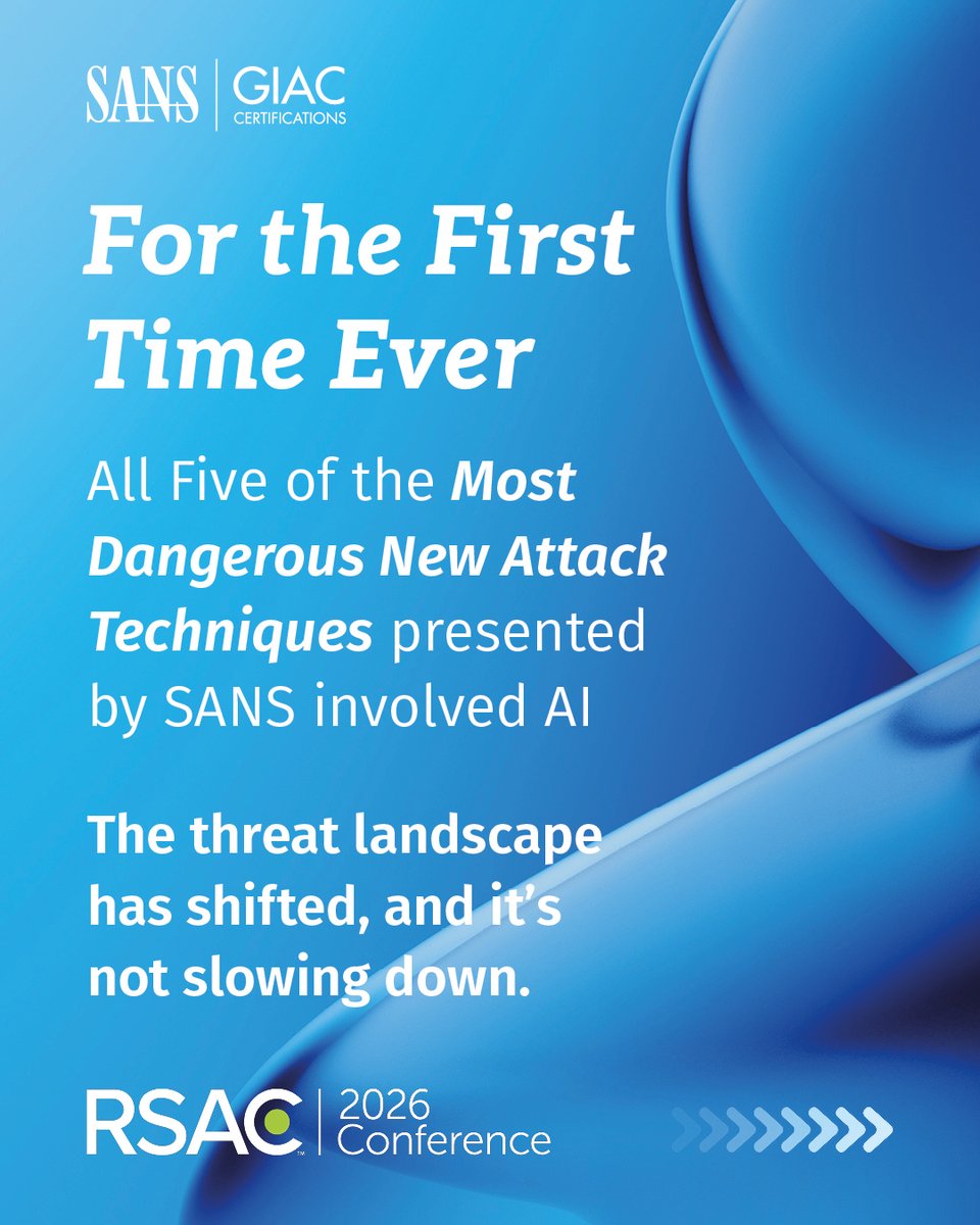 SANSInstitute's tweet image. RSAC 2026 made one thing clear: AI is reshaping cybersecurity—across attacks, teams, and skills.
The gap isn’t awareness. It’s capability.

Here’s what stood out—and what comes next:

🔗 go.sans.org/41T2NW

@OneRSAC | #ThreatIntel #AI