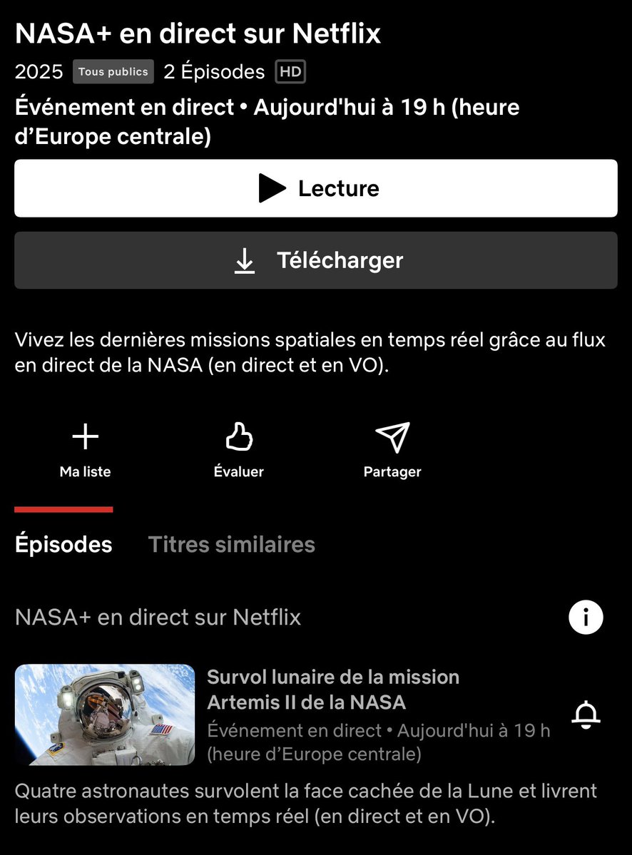 📺🌖 Tudum… Ce soir à 19h00, Netflix diffusera en direct et dans le monde entier le flux NASA+ du survol lunaire d’Artemis II.
Les quatre astronautes passeront au-dessus de la face cachée de la Lune et partageront leurs observations en temps réel (VO).