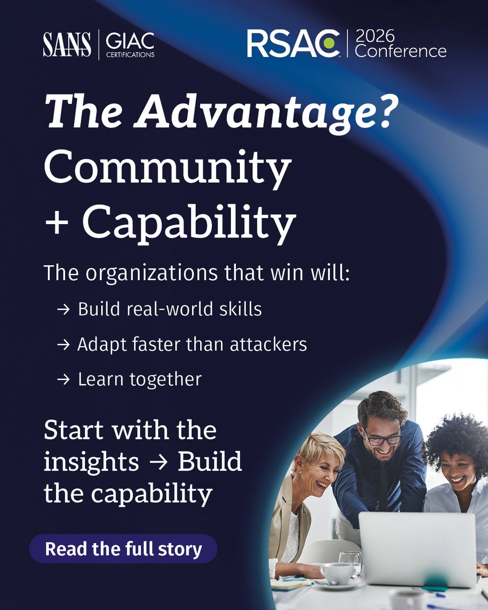 SANSInstitute's tweet image. RSAC 2026 made one thing clear: AI is reshaping cybersecurity—across attacks, teams, and skills.
The gap isn’t awareness. It’s capability.

Here’s what stood out—and what comes next:

🔗 go.sans.org/41T2NW

@OneRSAC | #ThreatIntel #AI