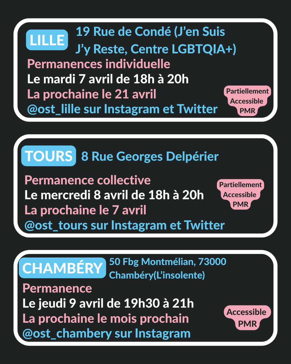 OrgaSoliTrans's tweet photo. 🩵 Beaucoup de permanences cette semaine à travers l'hexagone, nos membres vous donnent RDV à Pau, Saint Denis, Angoulême, Nîmes, Lille, Tours et Chambéry : https://t.co/Qe4iISUJfN